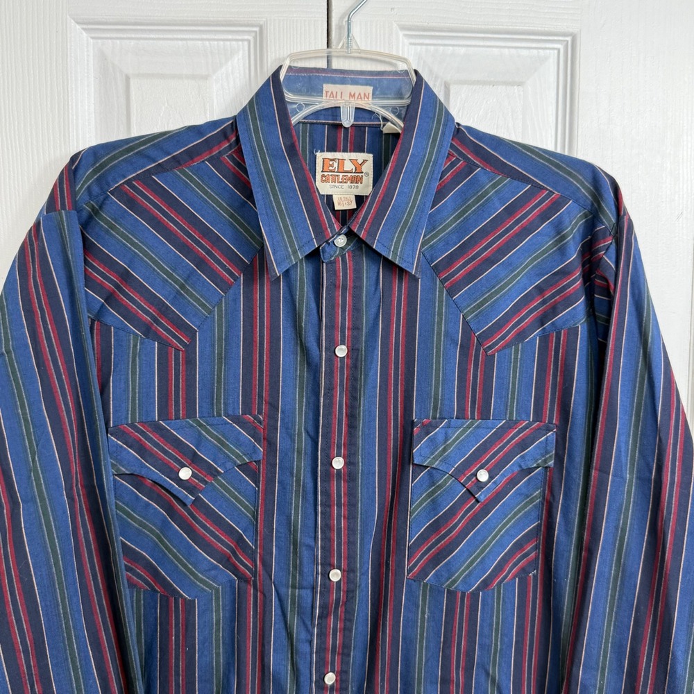 Ely Cattleman Western Snap Shirt LG Tall Blue Striped Pearl Snap Cowboy Core